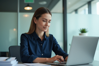 Femme en bureau moderne utilisant ordinateur et smartphone