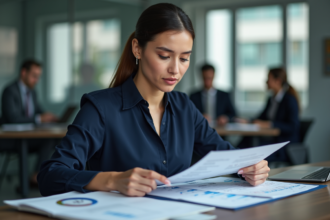Femme confiante en réunion de travail avec rapport de prix