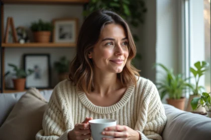 Femme assise près d'une fenêtre avec une tasse de tisane