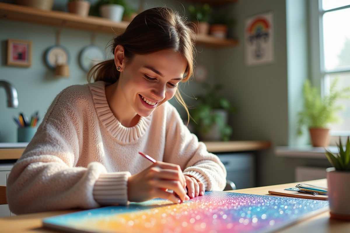 Femme appliquant des diamants sur une toile colorée dans une cuisine lumineuse
