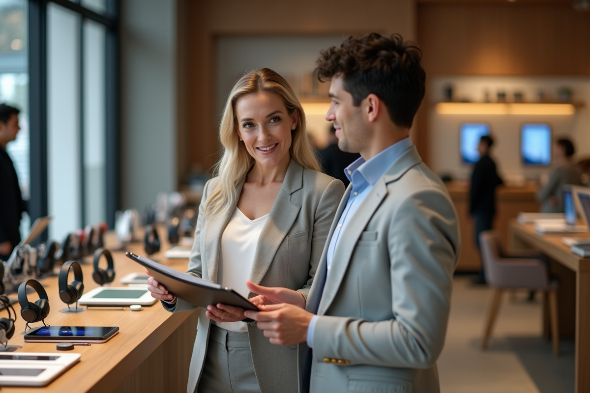 Femme en magasin discutant de gadgets avec un collègue