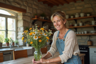 Femme souriante posant des fleurs dans une cuisine rustique