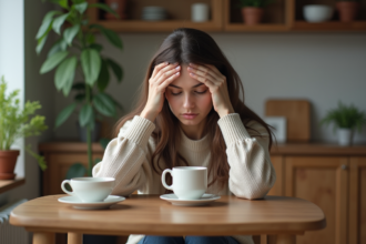 Jeune femme en cuisine montrant une tension émotionnelle