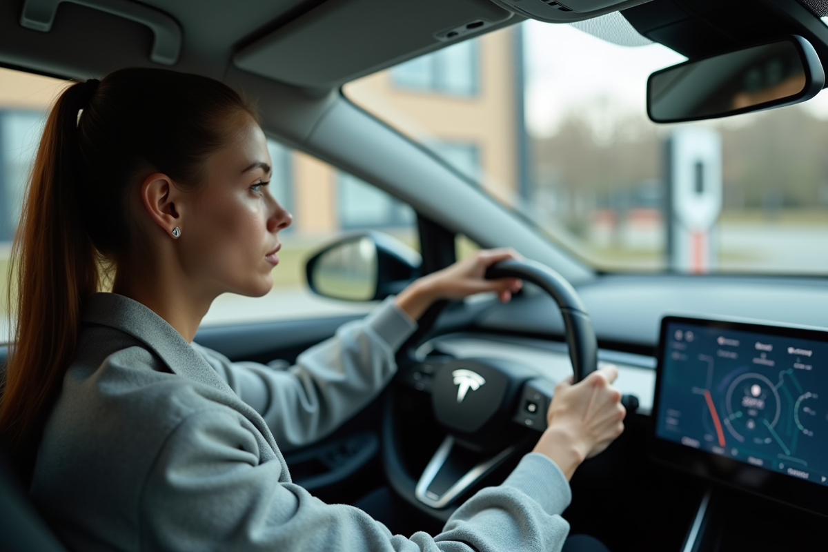 Jeune femme dans une voiture électrique regardant par le pare-brise