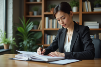 Femme en blazer étudiant un portefeuille d'investissements durables