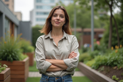 Femme dans un jardin urbain en coton bio et lin