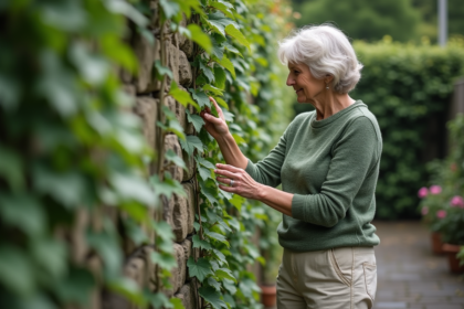 Femme d'âge moyen entretenant des plantes grimpantes dans un jardin