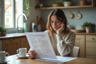 Femme lisant un document médical dans une cuisine française