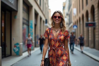 Femme élégante dans la ville moderne en robe colorée