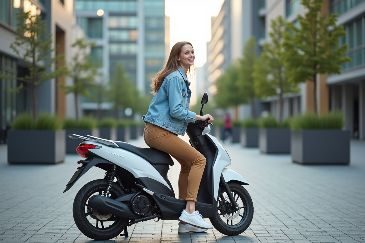 Jeune femme avec moto en ville en journée