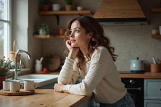 Femme pensant dans une cuisine chaleureuse