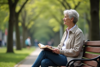Femme assise sur un banc de parc urbain en printemps