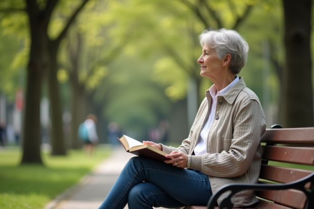 Femme assise sur un banc de parc urbain en printemps