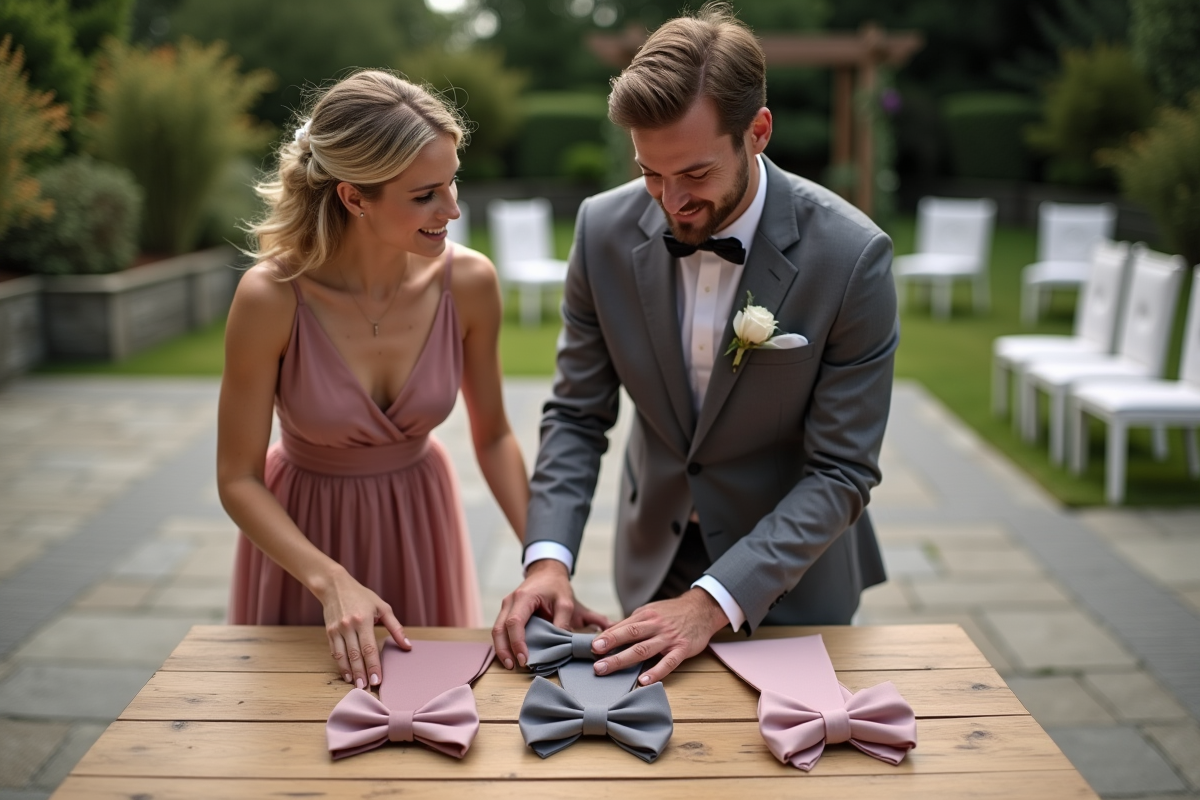 Femme en robe rose aidant le marié à choisir un nœud papillon