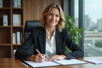 Femme professionnelle signant des documents immobiliers