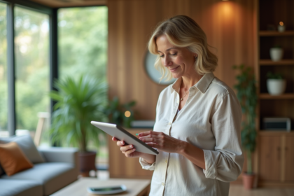 Femme utilisant une tablette pour surveiller l'énergie domestique