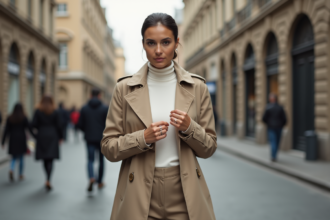 Femme en trench beige dans une ville moderne et durable