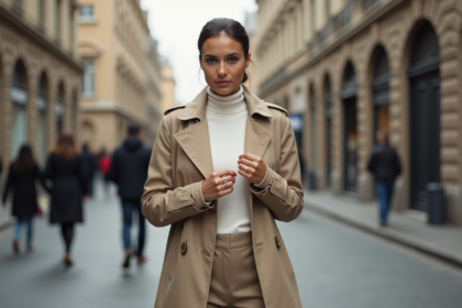 Femme en trench beige dans une ville moderne et durable