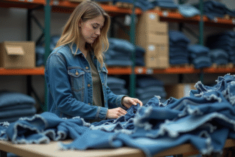 Femme en denim triant des vêtements recyclés dans un entrepôt