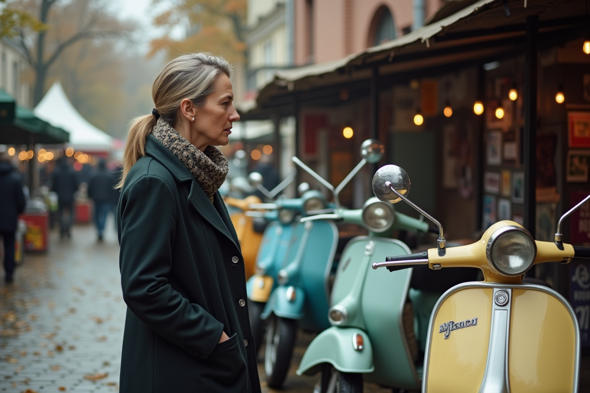 Femme inspectant un scooter vintage au marché en plein air