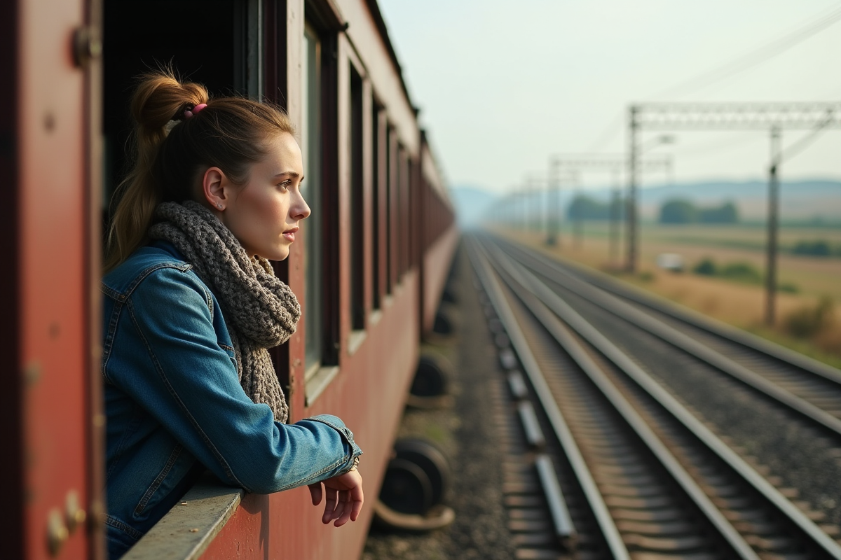 Jeune femme regardant par la fenêtre d’un train vintage