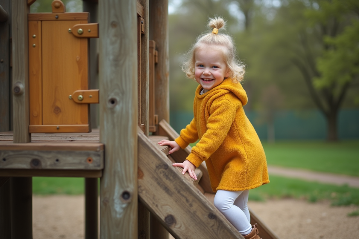 Fille de deux ans escaladant une petite échelle dans un parc en plein air