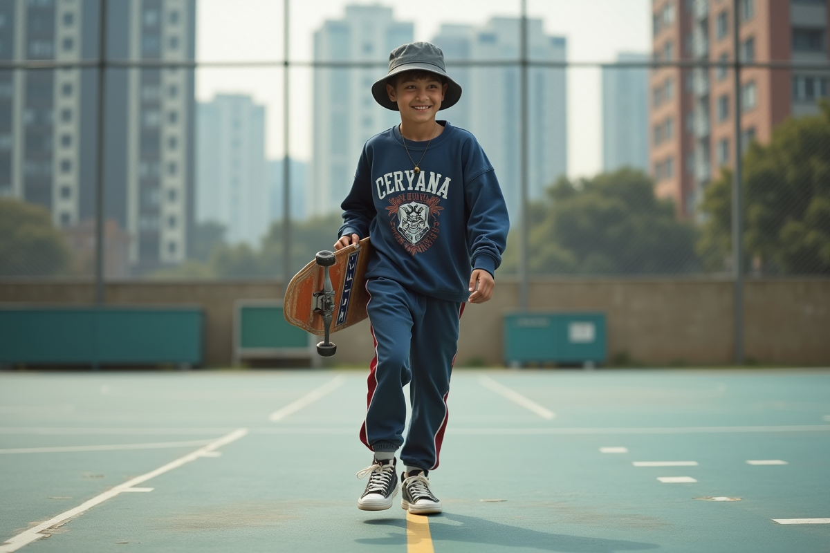 Un adolescent en streetwear joue au basket en ville