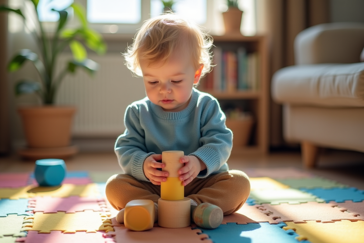 Garçon de deux ans jouant avec des blocs en bois dans un salon lumineux