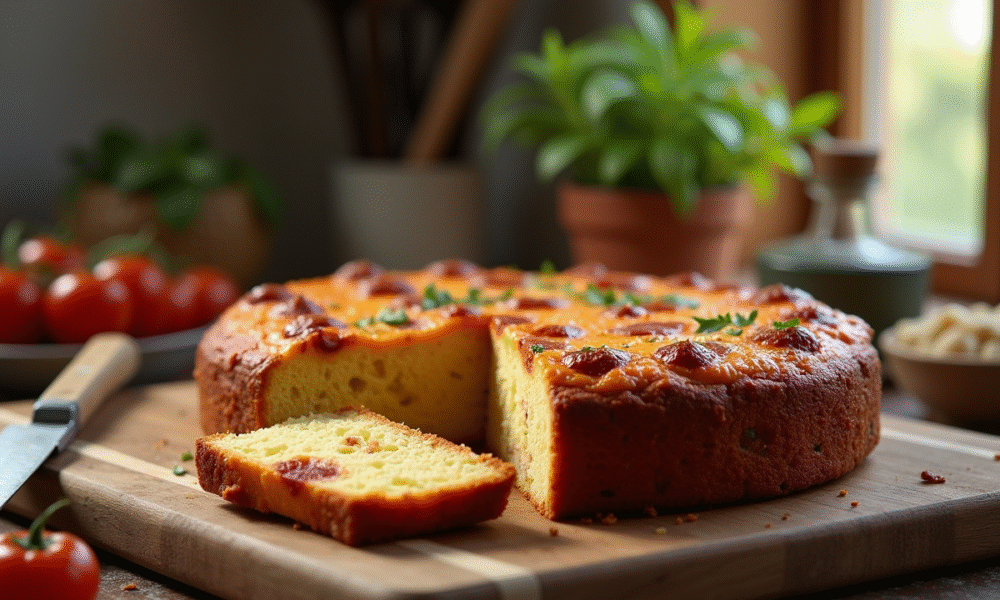 Gâteau salé au chorizo tranché sur une table en bois