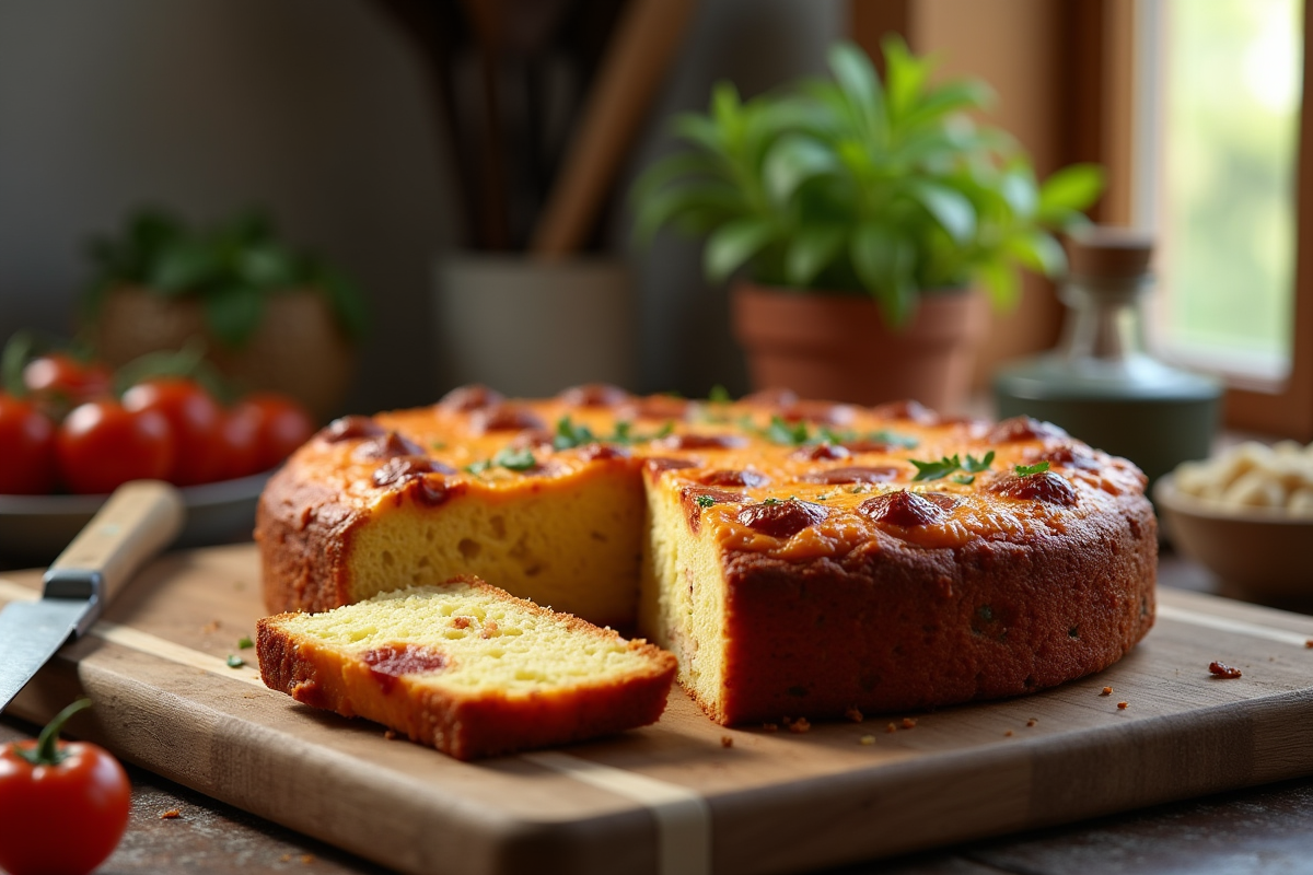 Gâteau salé au chorizo tranché sur une table en bois