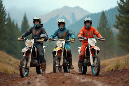 Trois motards en pleine nature avec motos boueuses