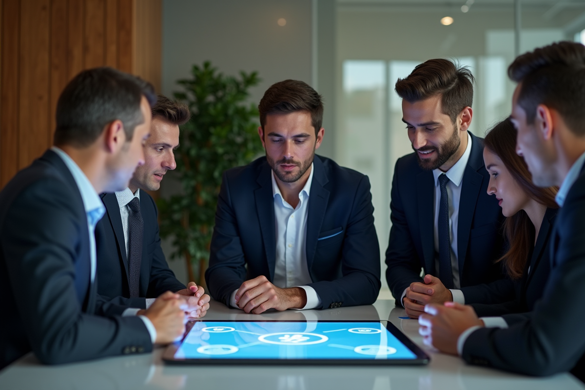 Groupe de professionnels autour d'une tablette blockchain