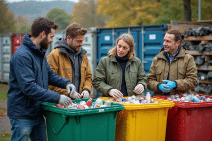 Groupe d'adultes discutant autour de bacs de recyclage en ville