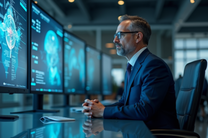 Homme d'affaires en costume bleu dans un bureau moderne avec écrans numériques
