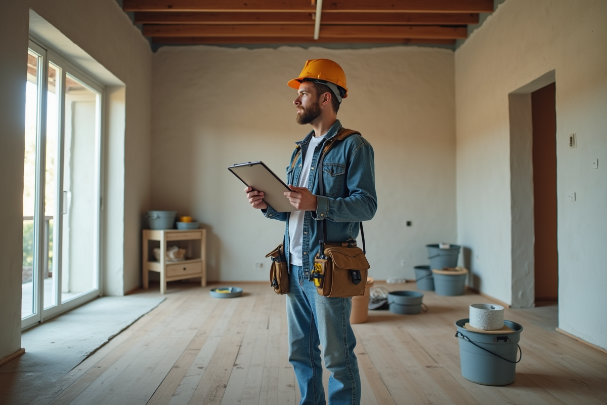 Hommes en travaux dans une pièce en rénovation