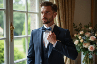 Homme élégant en costume navy ajustant un nœud papillon