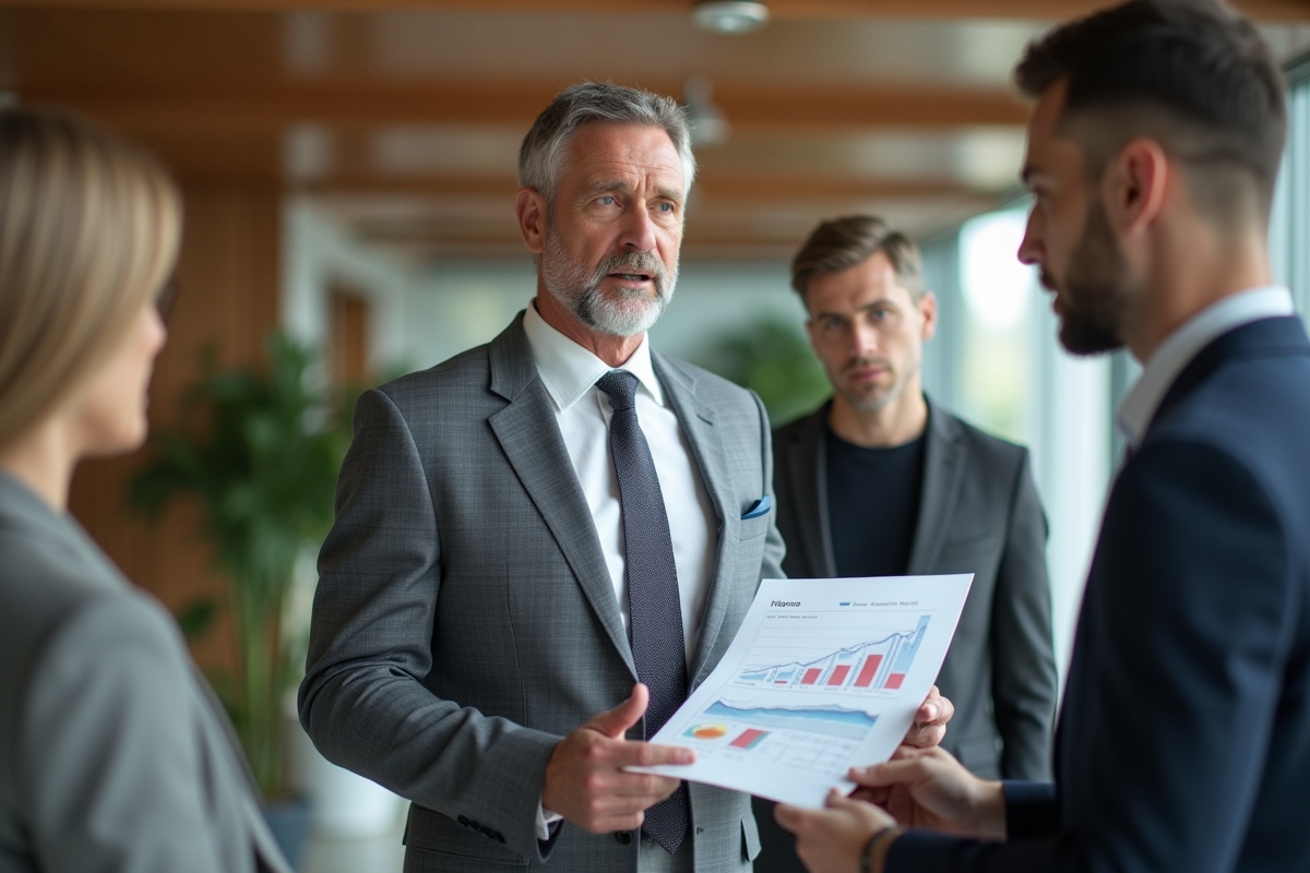 Homme en costume expliquant un graphique à des clients