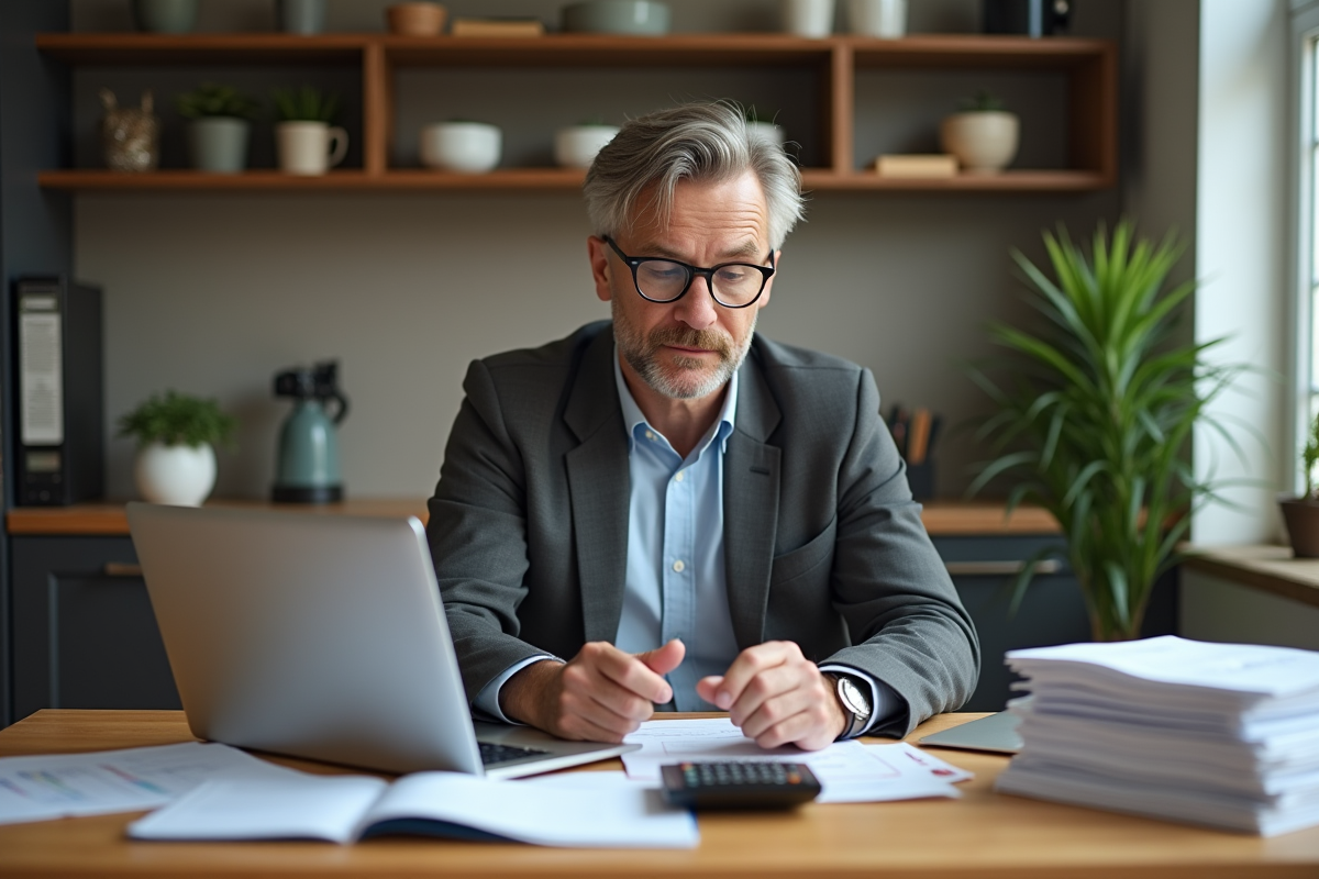 Homme d'âge moyen travaillant ses finances à la maison