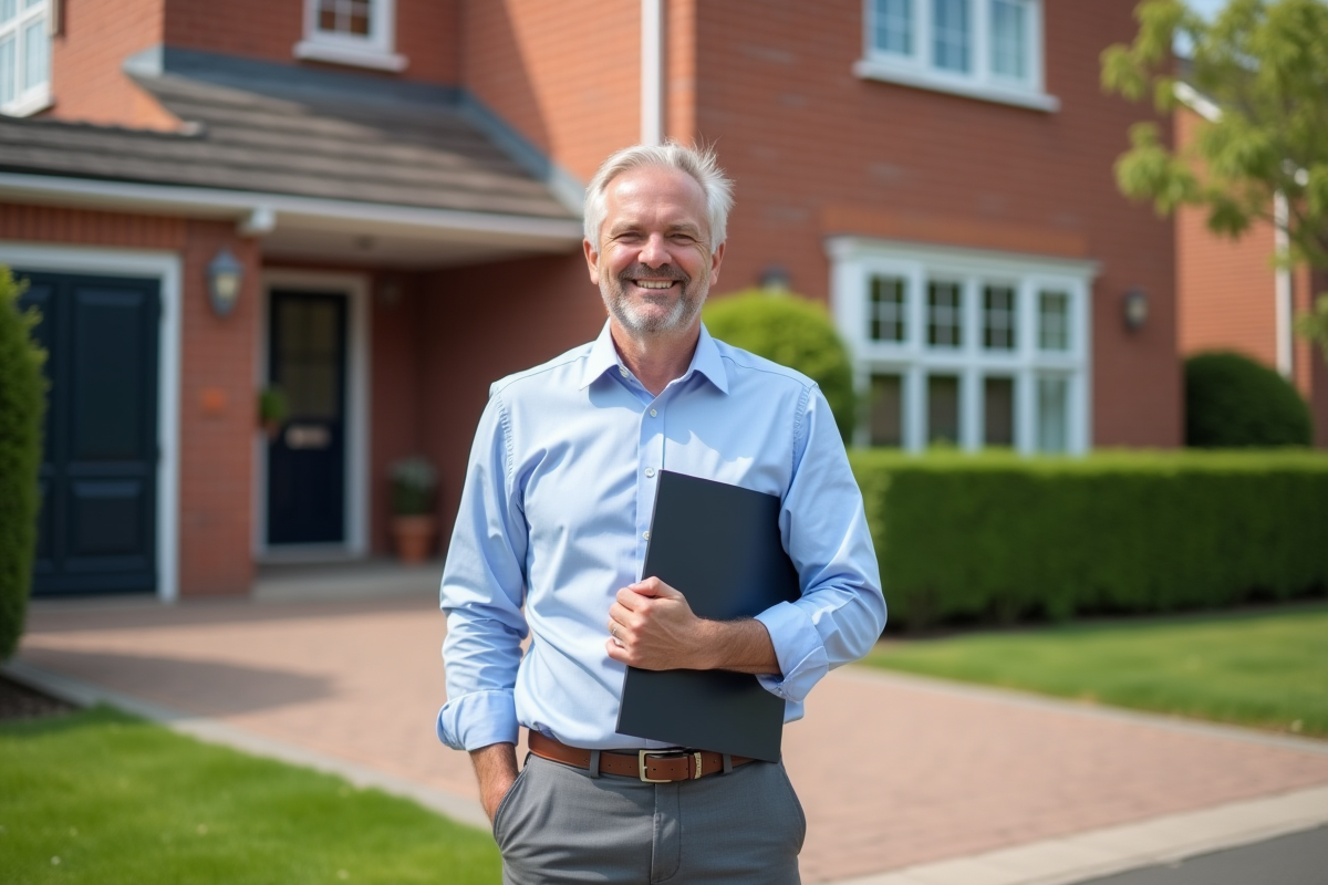 Homme devant une maison neuve dans un quartier résidentiel