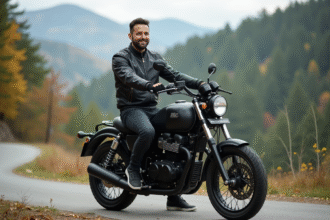 Homme en moto noire sur route forestière automnale