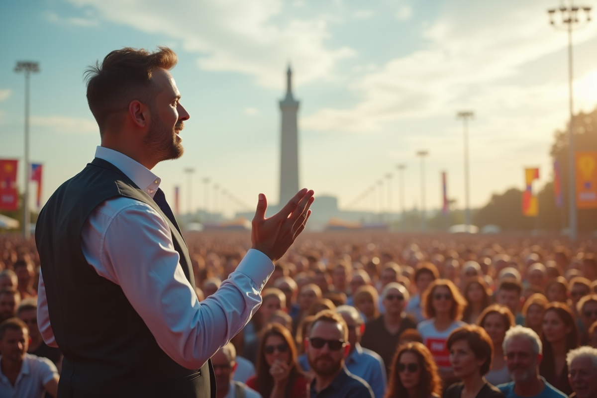 Homme confiant donnant un discours en plein air devant une foule