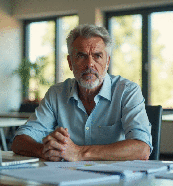 Homme d'âge moyen dans un bureau moderne en lumière naturelle
