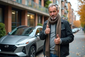 Homme fache devant une voiture hybride en ville