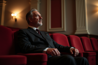 Homme d'âge moyen en costume noir dans un vieux cinéma