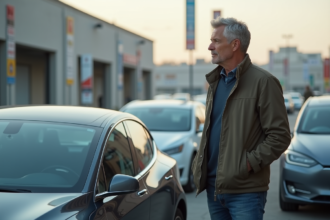 Homme pensif à côté d'une voiture électrique au dépôt