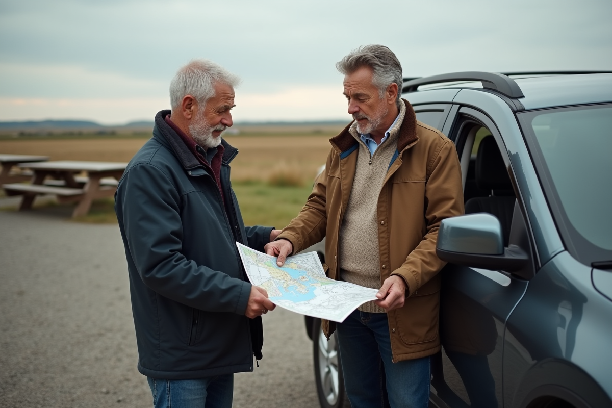 Deux hommes discutant devant une voiture en campagne