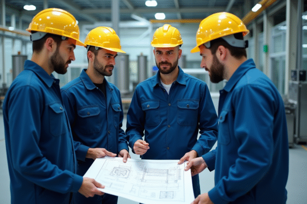 Groupe d'ingénieurs industriels discutant de plans techniques