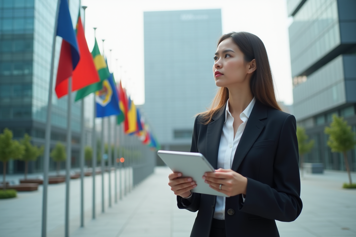 Jeune économiste avec tablette dans une place urbaine