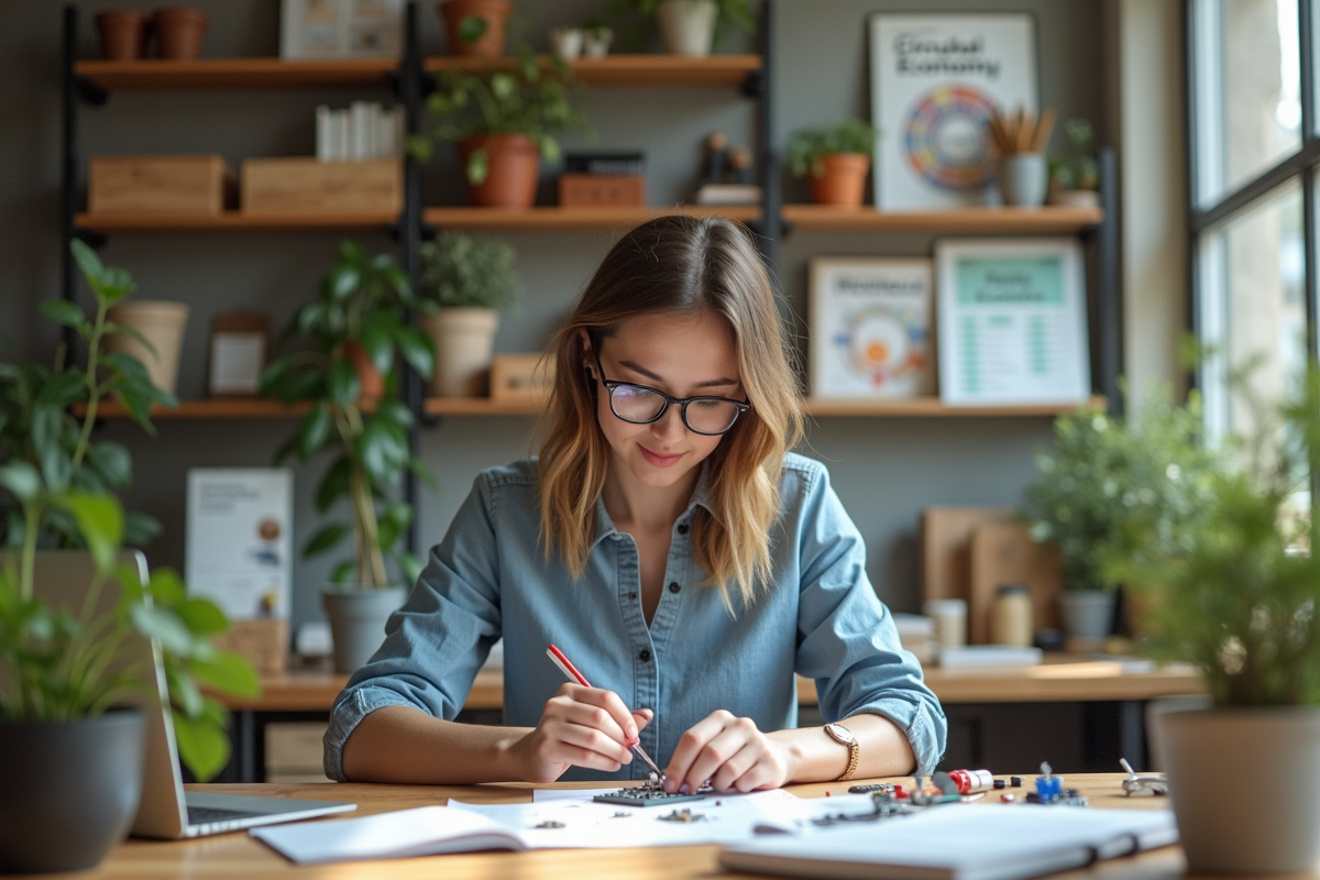 Jeune femme assemble des composants électroniques dans un espace de coworking