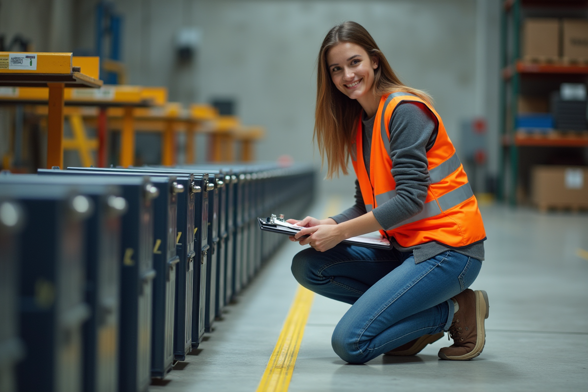Jeune femme vérifiant des batteries dans un atelier